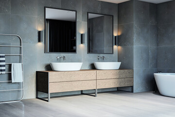 Modern spacious concrete and wooden bathroom interior with various objects. 3D Rendering.