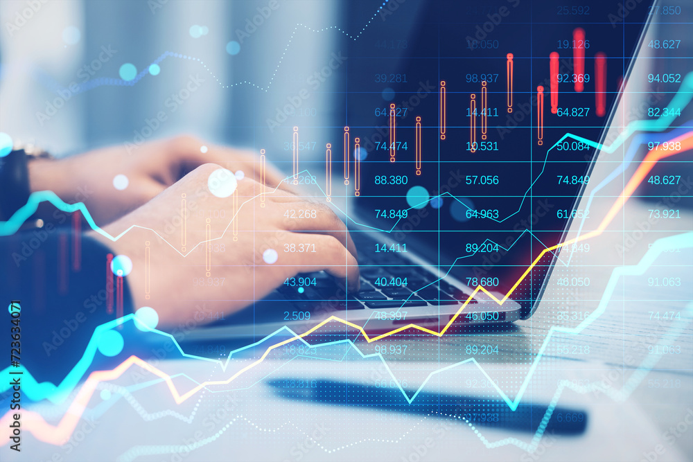 Poster close up of hands using laptop with glowing forex chart on blurry bokeh background. trade, finance a