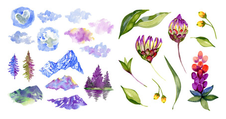 Set of mountains with clouds and flowers, painted in watercolor. Illustration. Suitable for printing stickers, posters, etc.