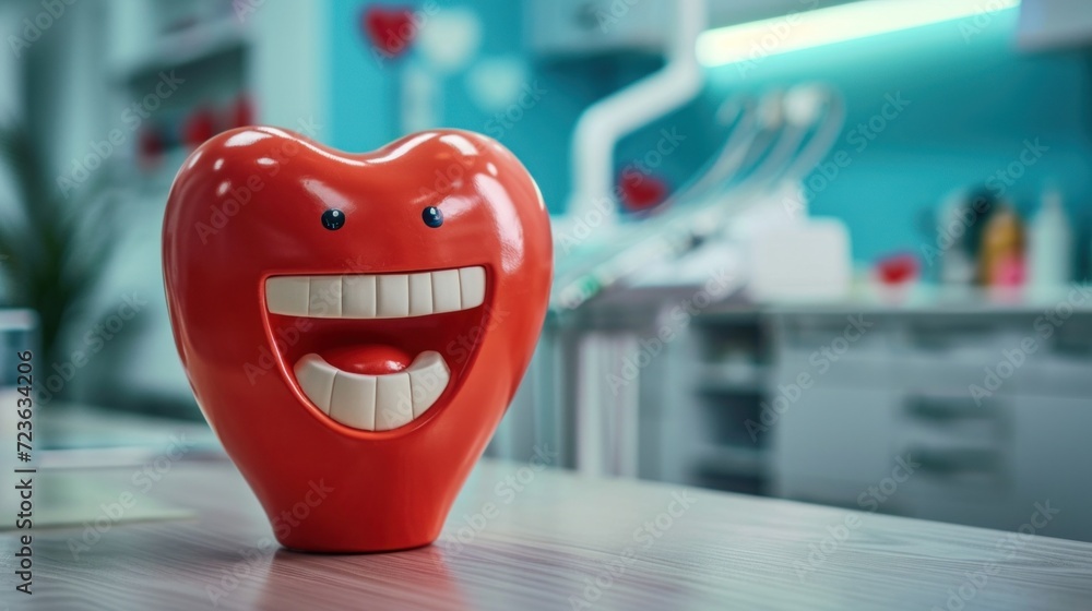 Poster a red heart shaped object sitting on a table in front of it, ai