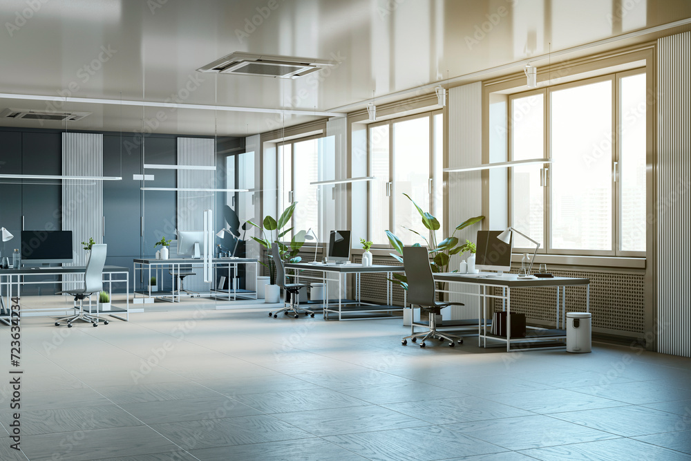 Poster new spacious coworking room interior with various objects. 3d rendering.