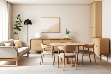 beige color interior design of modern living room. round wooden dining table, sofa, cabinet near...