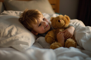 A little cute boy hugging teddy bear on bed. Children's day concept.