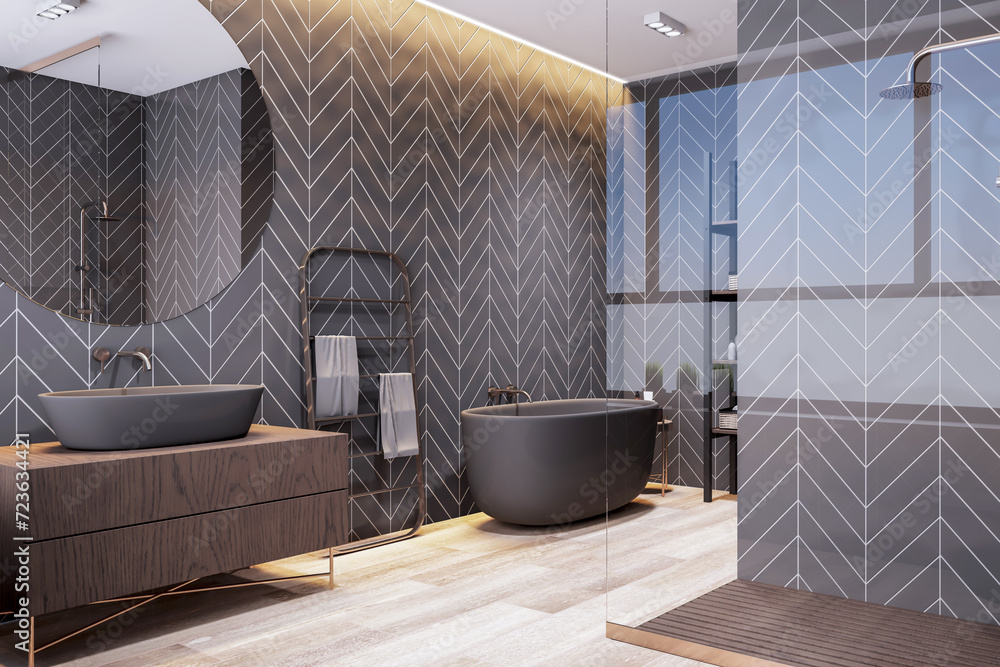 Poster trendy bathroom with chevron pattern tiles and matte black fixtures. warm toned lighting concept. 3d