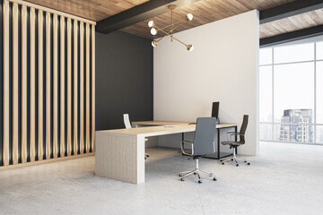 Contemporary office design with elegant furnishings against a city backdrop. 3D Rendering
