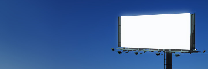 Close up of empty white mock up billboard on blue sky background. Commercial and ad concept. 3D Rendering.