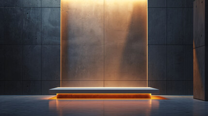 A minimalist white podium glows with warm, ambient light against a textured concrete wall, creating a dramatic and modern display setting.