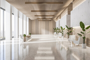 Sunny modern office corridor with wooden ceiling and potted plants. Open space. 3D Rendering