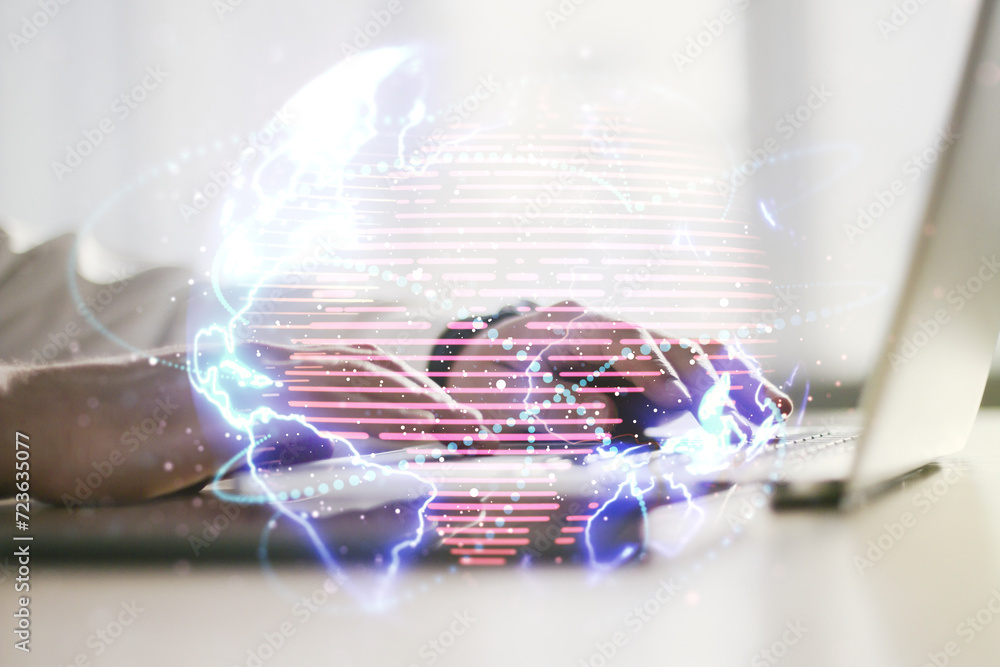 Poster double exposure of abstract digital world map with connections and hand typing on computer keyboard 