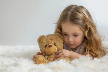 A little cute girl playing with teddy bear on bed. Children's day concept.