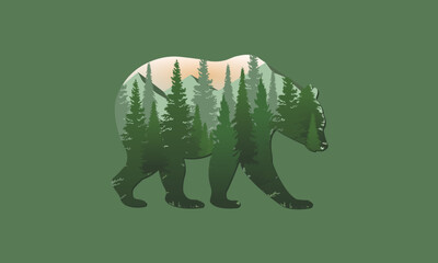 Silhouette of a bear filled with a serene forest landscape, showcasing the intricate relationship between wildlife and their natural habitat, illustration paper art or paper cut style.