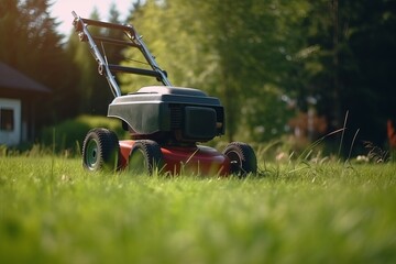 Fototapeta premium Lawn mower standing on green grass. Gardening electrical cutting grass equipment. Generate ai