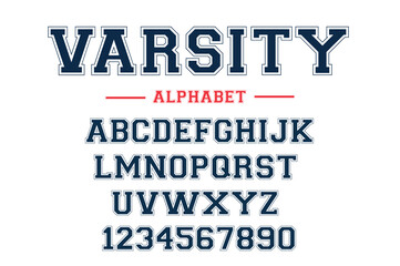 Classic college font with the contours. Used for football, baseball or basketball logos and T-shirts. It is made in the American style. Vector illustration. - obrazy, fototapety, plakaty