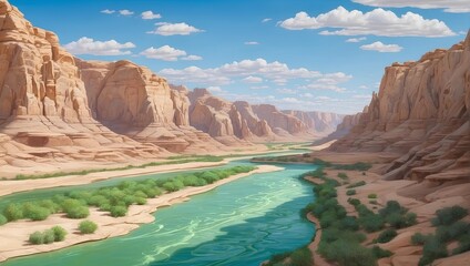 Desert canyon with a ribbon of green river, midday. generative AI