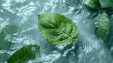 Green leaf on transparent and clean white water, Free space for text. Background for product presentation