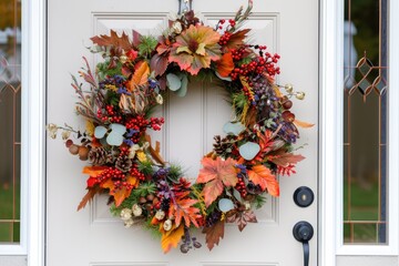 Fototapeta na wymiar A festive Thanksgiving wreath hanging on a front door