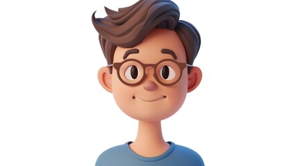 Cute isometric 3d image of straight avatar of a man with short dark brown hair and glasses and a subtle smile