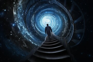 Man walking up spiral stairs space galaxy. Human on ladder with celestial twirl portal. Generate ai - obrazy, fototapety, plakaty