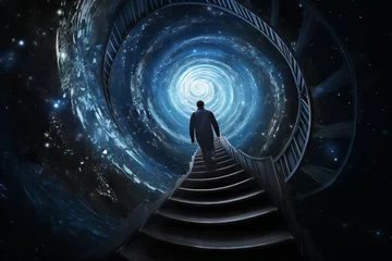 Rolgordijnen Man walking up spiral stairs space galaxy. Human on ladder with celestial twirl portal. Generate ai © nsit0108