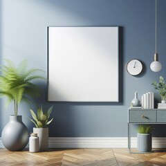 Blank picture frame mock up in blue color room interior 3d rendering