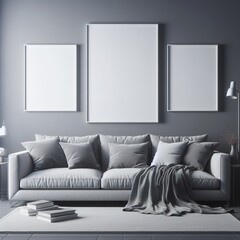 Blank picture frame mock up in gray color room interior 3d rendering