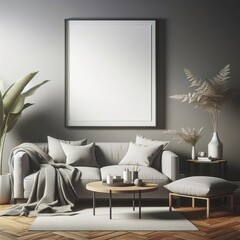 Blank picture frame mock up in gray color room interior 3d rendering