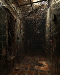 Unveiling the Mystery: An Abandoned Dark Hallway with Cobwebs and Dust - A Glimpse into a Forgotten Past