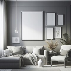 Blank picture frame mock up in gray color room interior 3d rendering