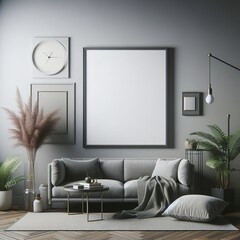 Blank picture frame mock up in gray color room interior 3d rendering