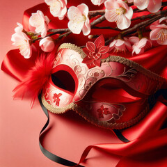 Japanese style masquerade mask on red satin fabric and sakura branches with copy space. ai generative