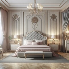 Elegant bedroom interior with bedforniture and framefront view