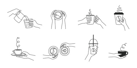 Set of hands with coffee. Illustrations in outline style.