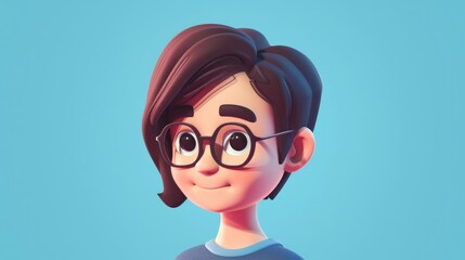 Cute isometric 3d image of straight avatar of a wooman with short dark brown hair and glasses and a subtle smile