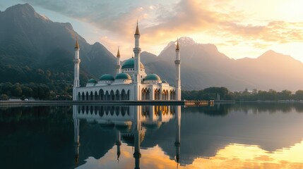 Serene reflections of a majestic mosque at dawn with a mountain vista