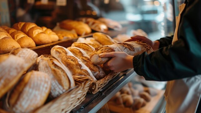 Person picking out a fresh loaf of bread from a bakery shelf
