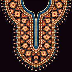 The vibrant neck design in an ethnic native American style features Navajo motifs and geometric patterns. The neck decorative patterns for kaftan dresses, kurtas, kurti, dashiki shirts, and blouses.