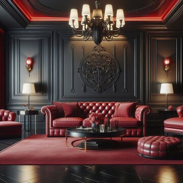 Luxury red living room interior background black empty wall mock up living room mock up