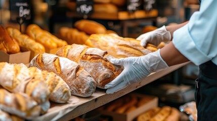 Gloved hands of a bakery worker arranging artisanal baguettes on shelf