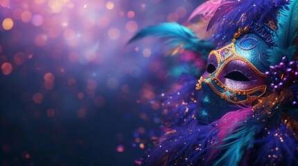 Mardi Gras Masquerade Banner with copy space. Carnival Mask in purple, green, and yellow with glitter and feathers. Wide format background. AI Generative - obrazy, fototapety, plakaty