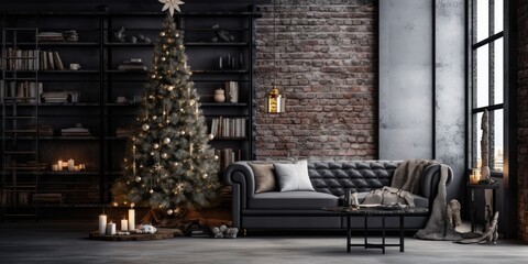 Loft style living room with unique dark interior adorned with a Christmas tree.