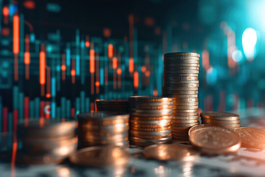 close up horizontal image of a small stacks of coins and graphics of the stock market in the background, providing a context of banking and investment Generative AI