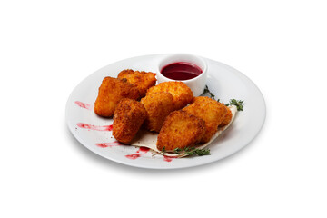 Fried cheese in breadcrumbs with sauce on a plate, isolated