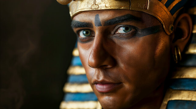 Male pharaoh wearing headdress featuring blue and gold stripes, traditional Egyptian eye makeup, capturing the regal essence of ancient Egyptian royalty.