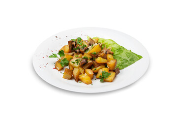 Fried potatoes with mushrooms on a plate, isolated