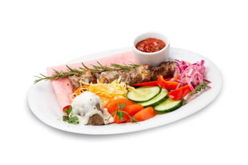Pork kebab with fresh vegetables on a plate, isolated