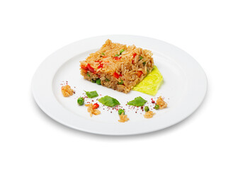 Rice with vegetables on a plate, isolated