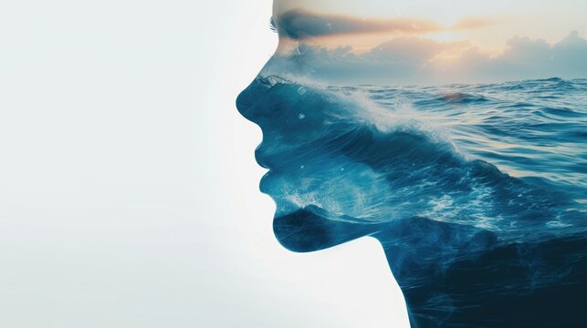 tranquil double exposure combining a woman's profile with a peaceful ocean scene