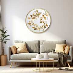 Comfortable living room scene with a couch, coffee table, and a unique round clock as the centerpiece