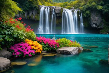A body of water with a waterfall in the middle of it and colorful flowers on the side of the water and a rock in the middle of the body of the water