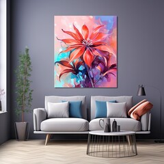 A Comfortable Living Room with a Large Painting of a Flower on the Wall